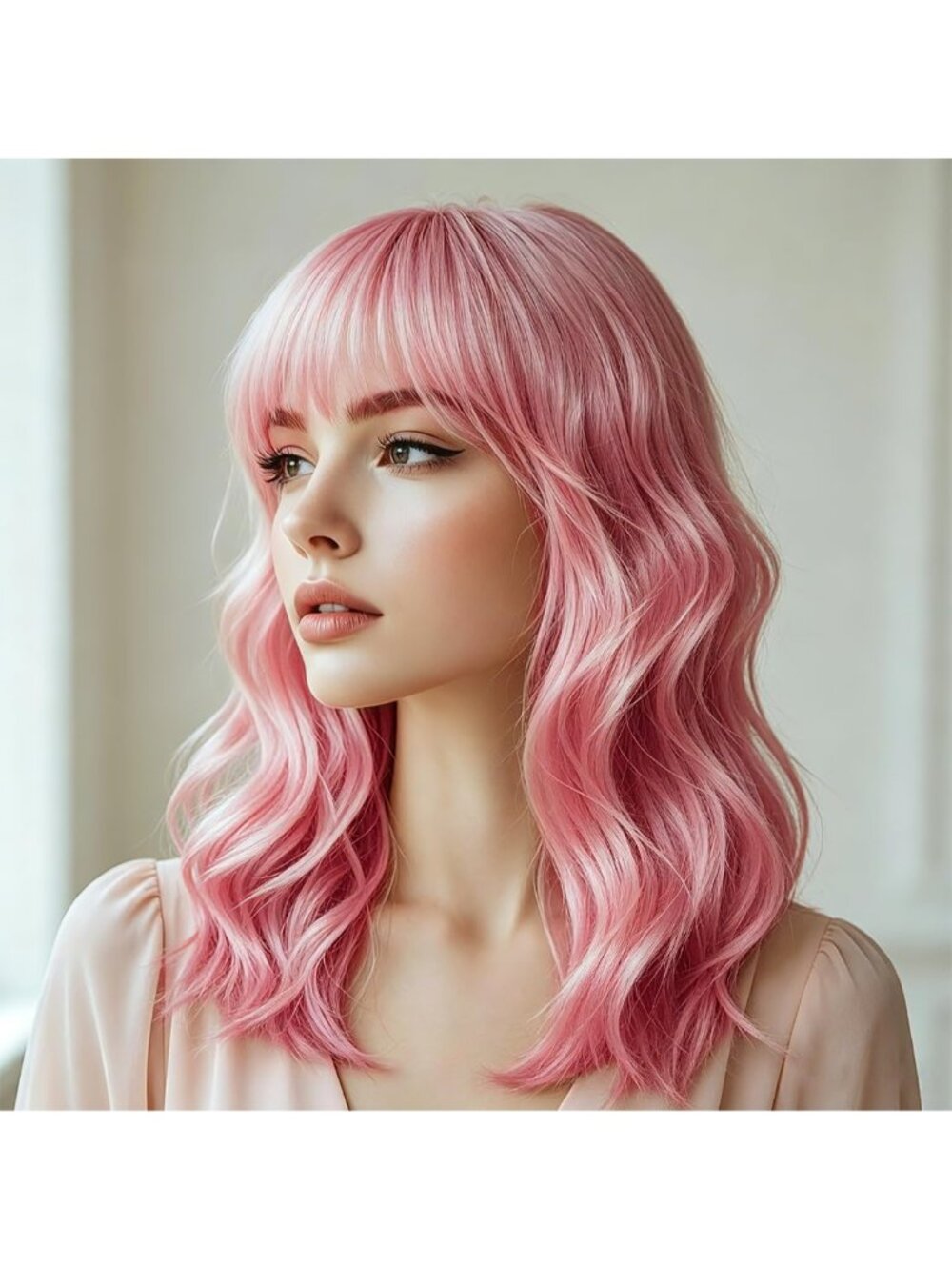 Women's Hot Neon Pink Wavy Synthetic Shoulder Length Sweetie Bob Wig Bangs
